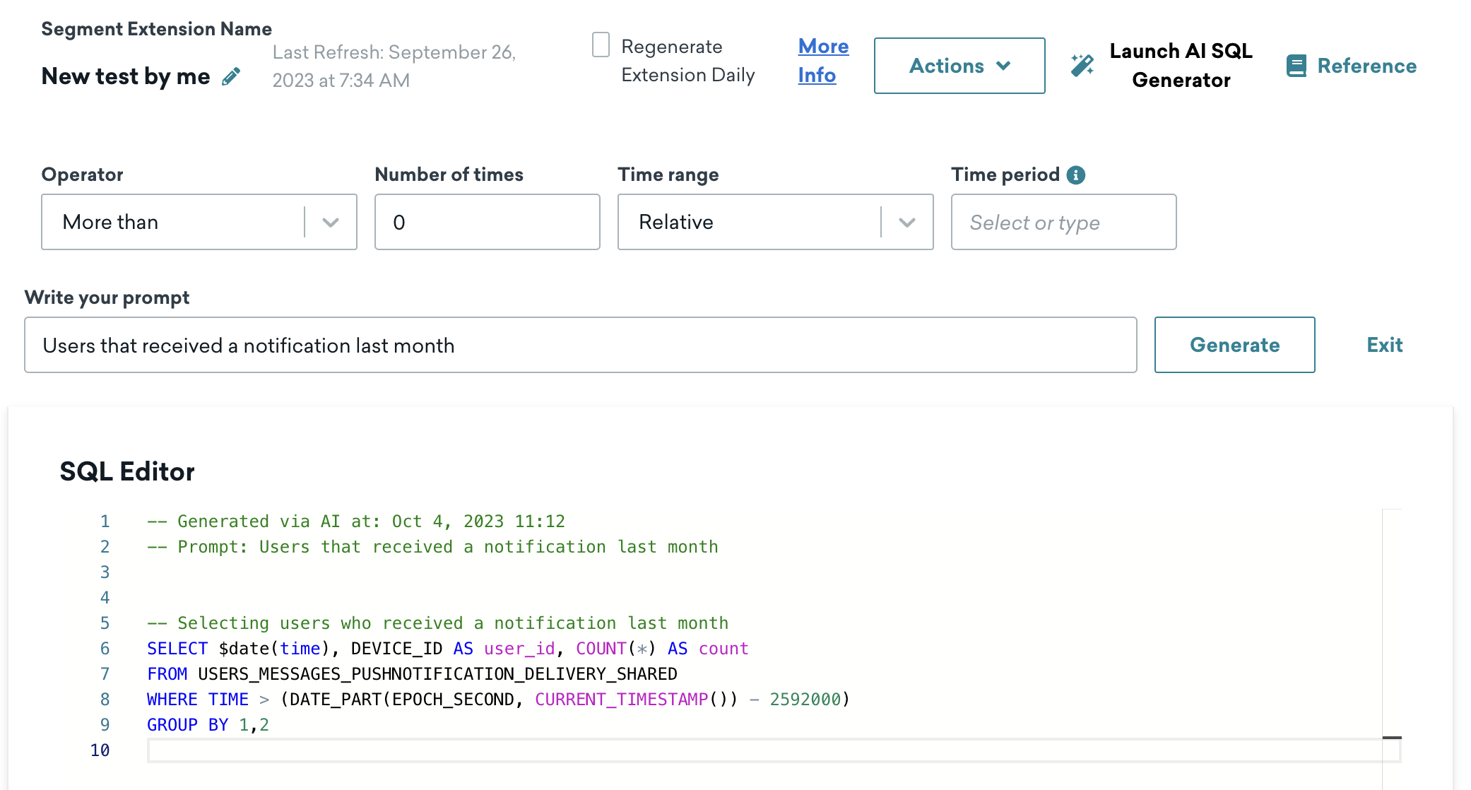 AI SQL generator with the prompt "Users that received a notification last month"