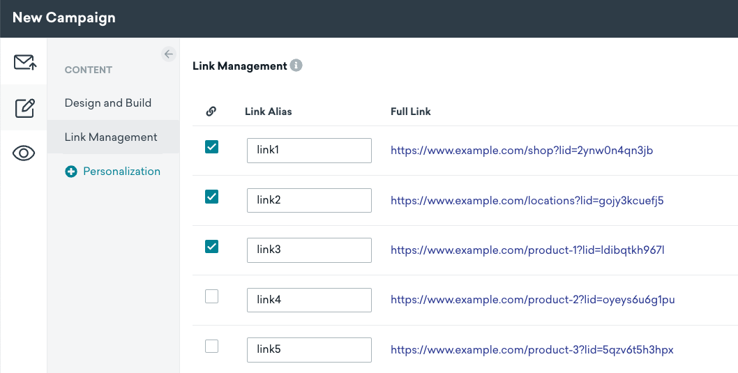 Link Management tab of the Drag-and-Drop email editor.