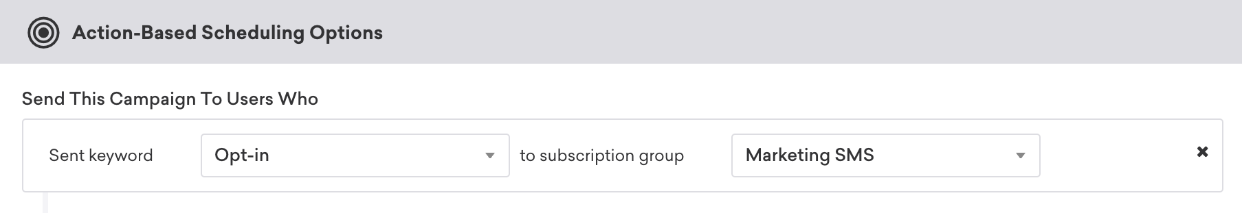 セグメンテーションフィルタを使用したアクションベースのSMS キャンペーンSent キーワード"Opt-in" to subscription group "Marketing SMS".