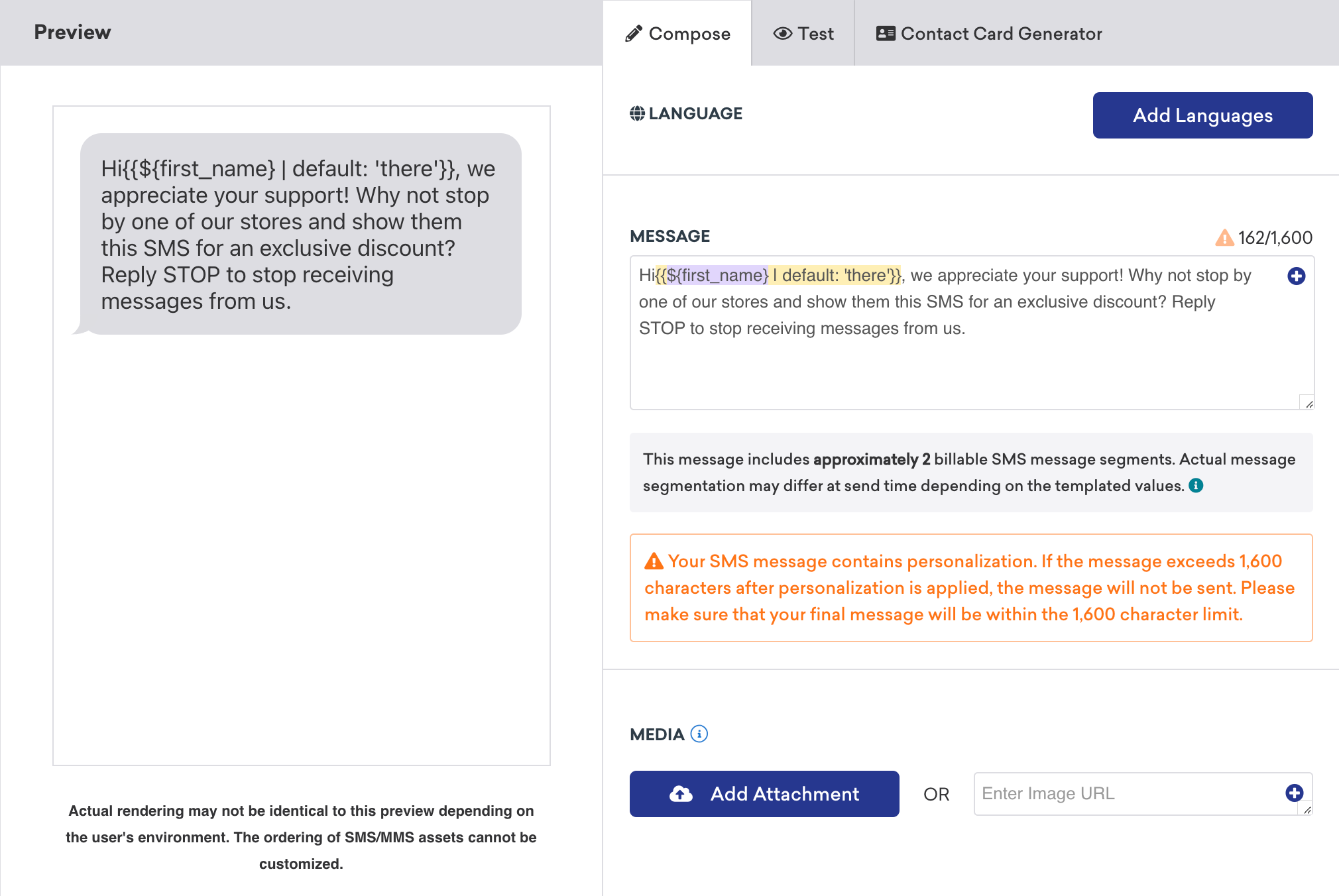 SMS composer in Braze with the message "Hi first_name, we appreciate your support! Why not stop by one of our stores and show them this SMS for an exclusive discount? Reply STOP to stop receiving messages from us."