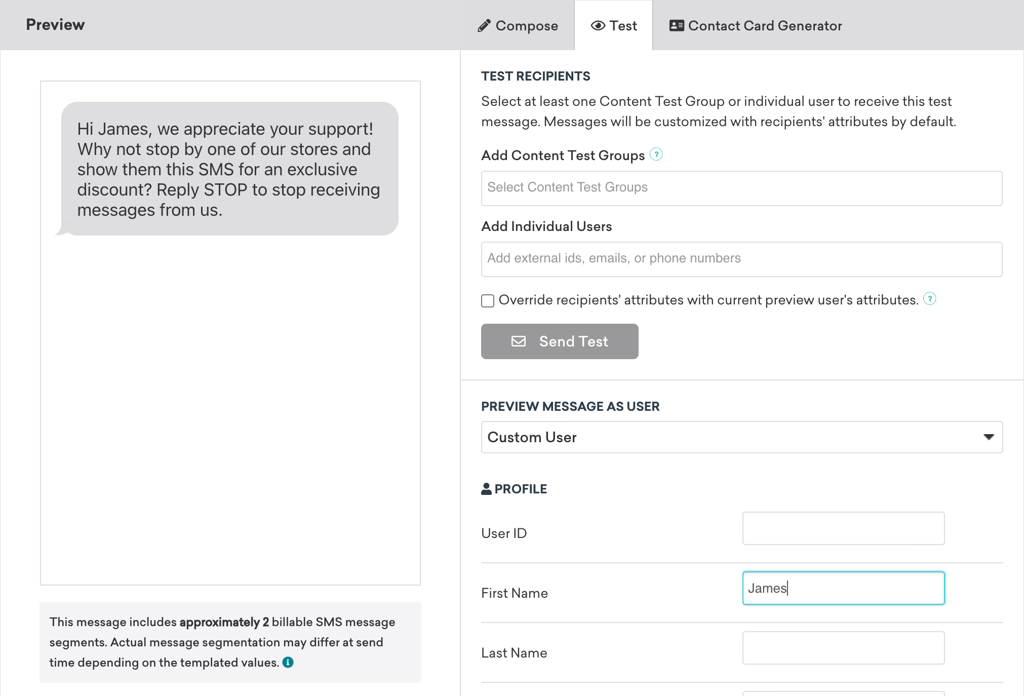 Previewing SMS copy from the Test tab of the composer. In the profile section, the First Name field is set to "James". In the preview section, the SMS now reads "Hi James, we appreciate your support!"