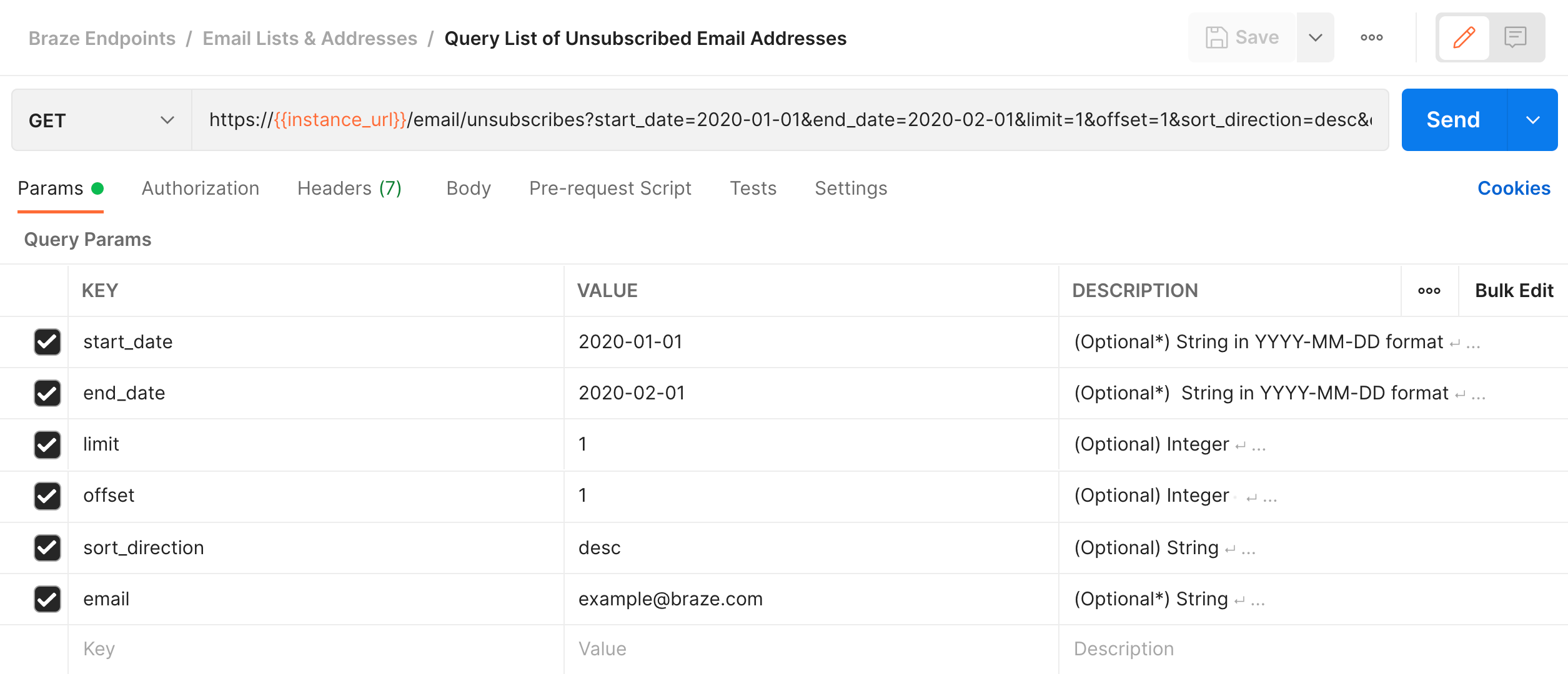 購読されていないメールアドレスのGET クエリリストをPostman で編集するときのParams タブ