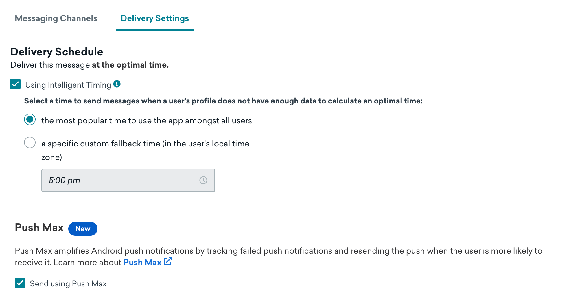 Delivery Settings tab of an Android Push Message step with the option to "Send using Push Max".