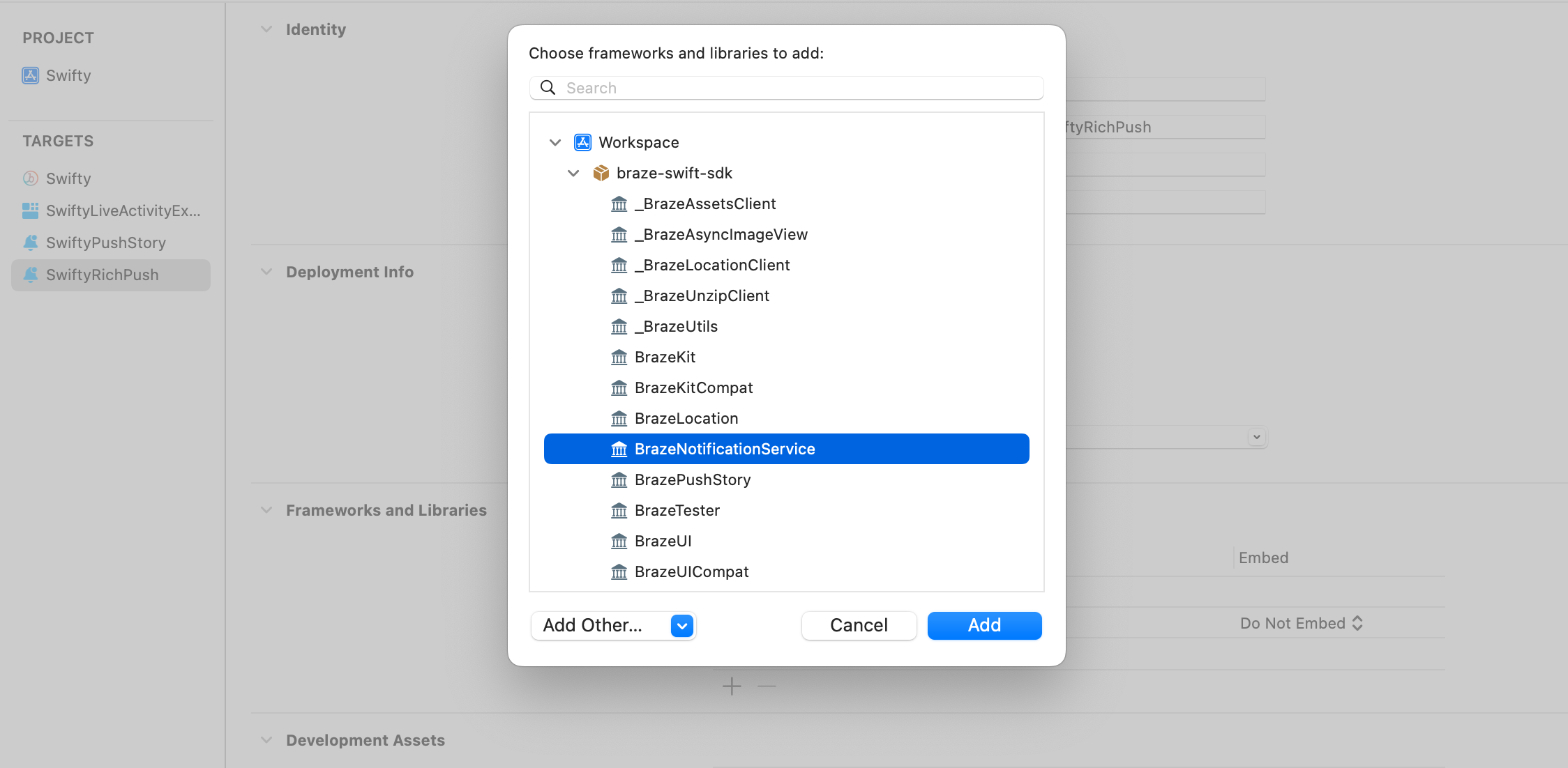 The "BrazeNotificationService framework can be selected in the modal that opens.